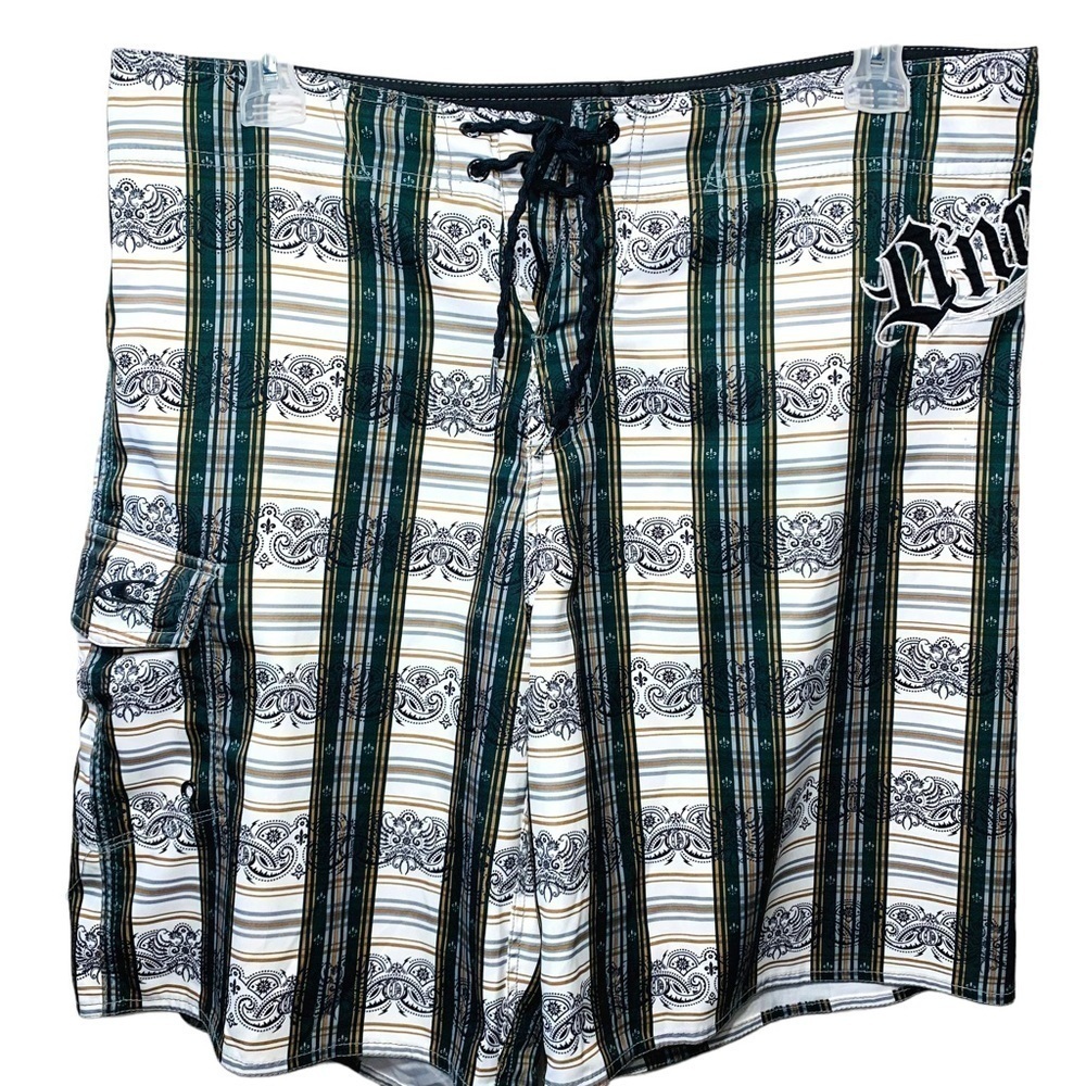O'NEILL Green White Cargo Boardshort Striped Swim Trunk Sz 33 (Reel Waist 36")
